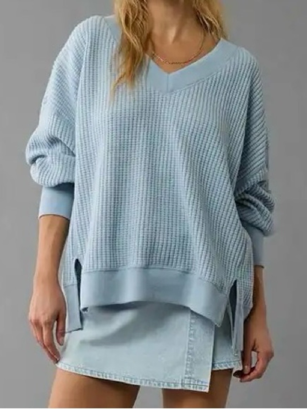 Pink Rose Light Blue V-Neck Waffle Knit Long Sleeve Top